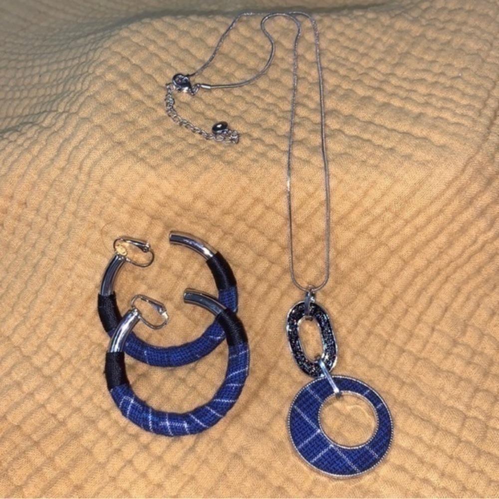 New set of clip on navy blue plaid earrings and statement necklace